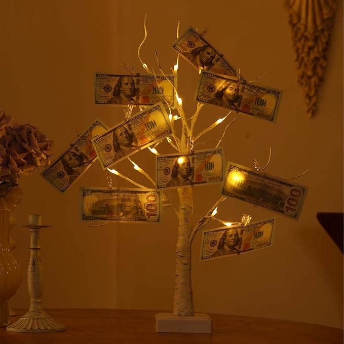 Meonua2-pack Money Tree Gift Card Holder LED Twig Lights - Battery/USB Powered Light Up Display with 22 Clear Clips for Birthday Wedding Photo (Warm Color)