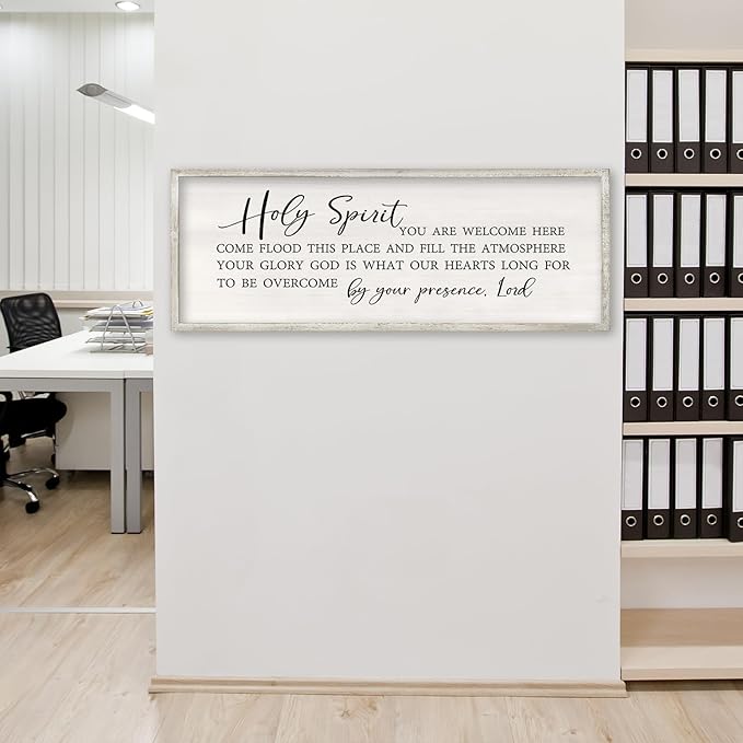 Holy Spirit You are Welcome Here Wall Decor Art 32x12 Inch Large Christian Song Bible Verse Plaque Wood Framed Sign Living Room Scripture Quote Religious For Office Wall Hanging (White)