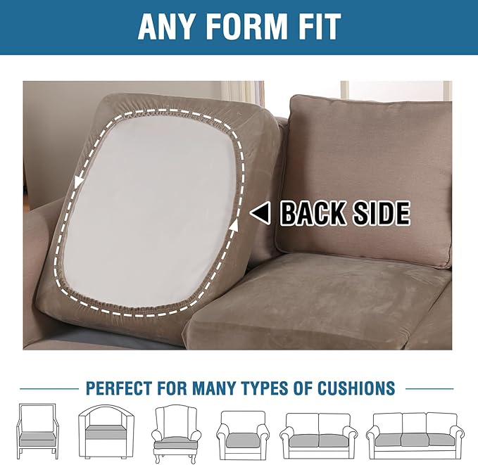 H.VERSAILTEX Velvet Stretch Couch Cushion Cover Plush Cushion Slipcover for Chair Loveseat Sofa Cushion Furniture Protector Seat Cushion Sofa Cover (2 Piece Large Sofa Cushion Covers, Mocha)