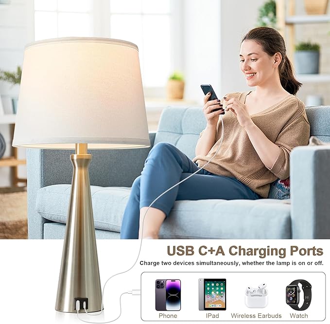 Seealle Modern Table Lamps Set of 2 - Touch Bedside Lamp for Nightstand with USB C+A,3-Way Dimmable Silver Nightstand Lamps for Living Room Bedroom End Table with White Shade(Bulb Included)