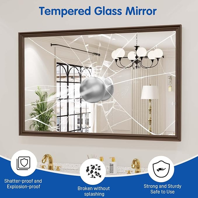 WEER Retro Copper Bathroom Mirror, 48x30 Inch Bronze Oil Rubbed Framed Mirror, Rectangle Classic Vintage Framed Wall Mirror, Farmhouse Vanity Mirror, Tempered Glass, Vertically or Horizontally