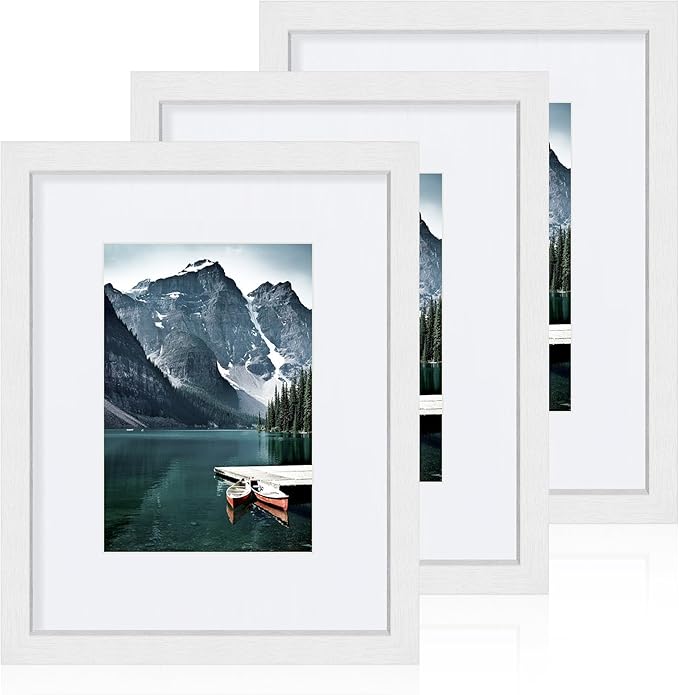 8x10 White Picture Frames set of 3, Made of Wooden and Glass Photo frame - Displays Picture 5x7 with Mat or 8 x 10 without Mat, Desktop & Wall Collage Frame set
