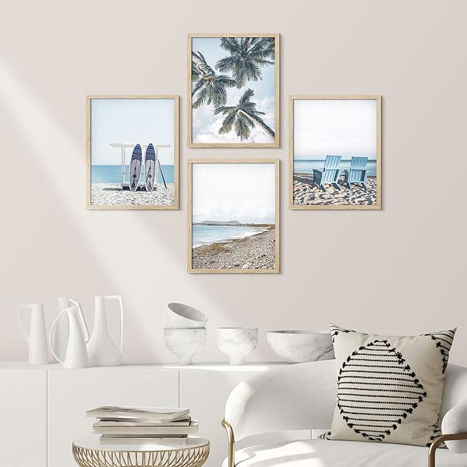 SIGNWIN Framed White Surfboard Tropical Palm Tree Beach Shore Wall Art, Set of 4 Landscape Colorful Wall Decor Prints, Nature Wilderness Wall Décor for Living Room, Bedroom - 12"x16" Natural