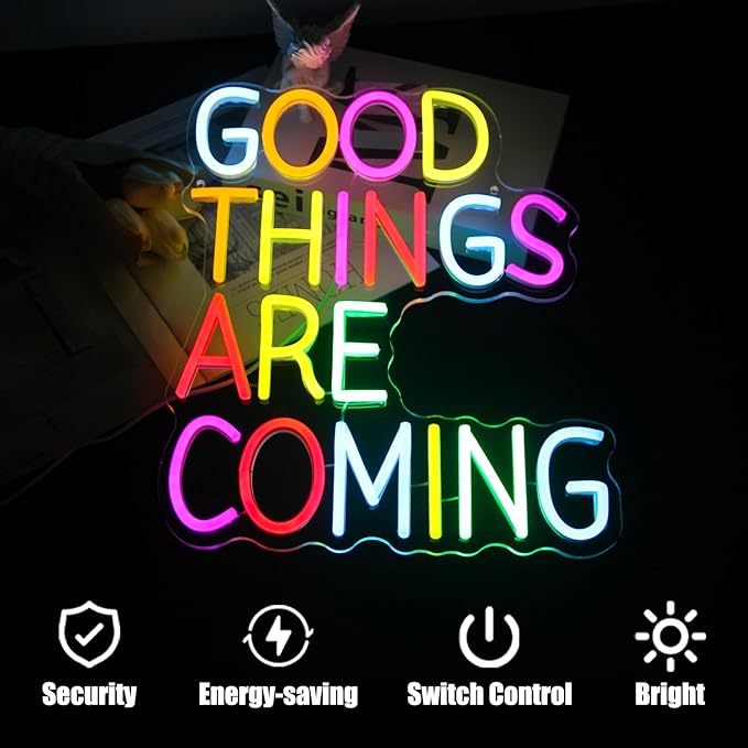 Good Things Are Coming Neon Sign Colorful Letters Neon Lights Signs Motivational Decor Inspirational Quotes LED Neon Signs for Wall Bedroom Bar Office Man Cave Dorm Decor Birthday Gifts