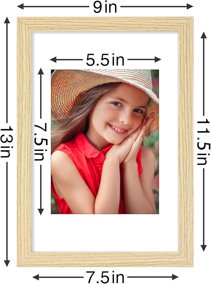 Vittanly 8x12 Picture Frames Set of 9, Shatter Resistant Plexiglass, Display 6x8 Pictures with Mat or 8x12 without Mat, Photo Frames for Wall or Tabletop, Engineered Wood, OAK