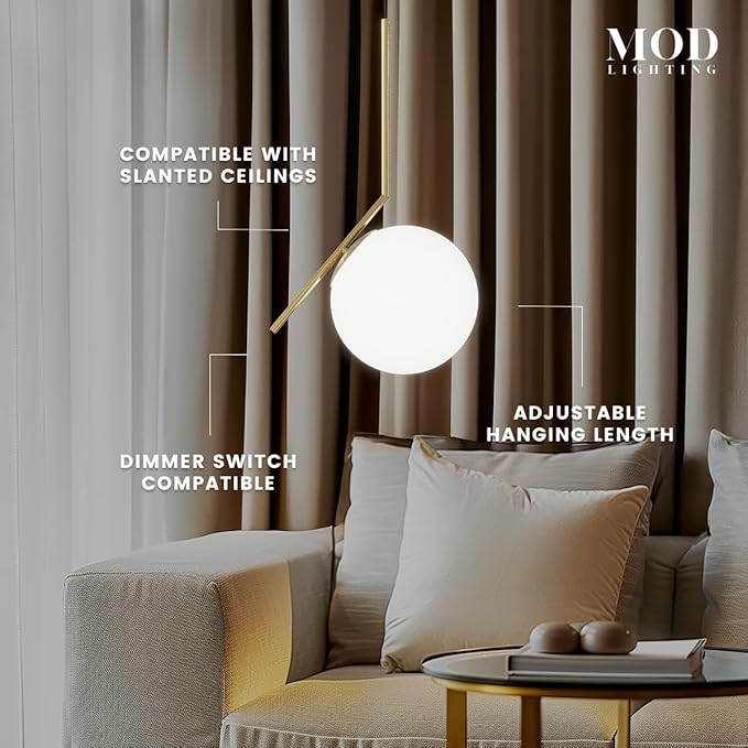𝗠𝗢𝗗 𝗟𝗜𝗚𝗛𝗧𝗜𝗡𝗚 Jewels & Pearls | Modern Gold Pendant Light Fixtures, Hanging Globe Pendant Lights for Kitchen Island Lighting, Dimmable LED Bulb Included, 1 Pack (Gold | Warm White | L-Shape)