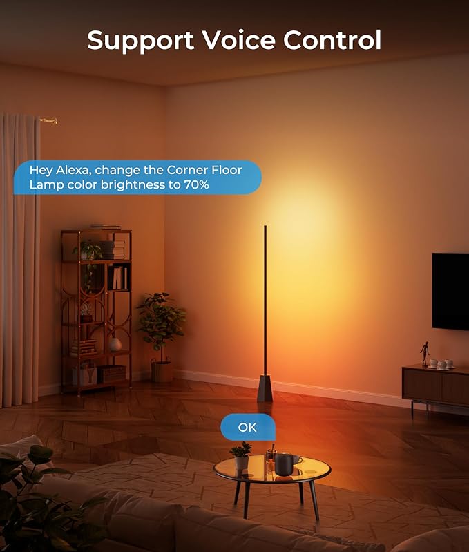 Corner Floor Lamp with RGB, Smart LED Light for Bedroom, 16 Million Colors, Music Sync, APP & Voice Control, 2700-6500K, Alexa & Google Compatible, Modern Lamp for Living Room, Gaming