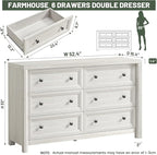Farmhouse 6 Drawers Dresser for Bedroom, White Dressers, 52" Wide Rustic Wood Chest of Drawers with Natural Texture, Metal Handle, Storage Closet Dressers for Bedroom, Living Room