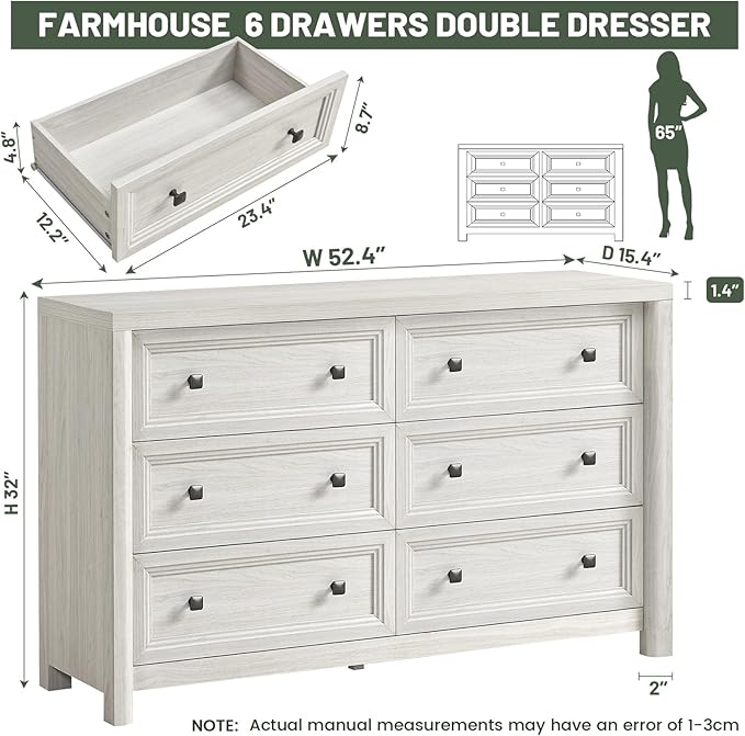 Farmhouse 6 Drawers Dresser for Bedroom, White Dressers, 52" Wide Rustic Wood Chest of Drawers with Natural Texture, Metal Handle, Storage Closet Dressers for Bedroom, Living Room