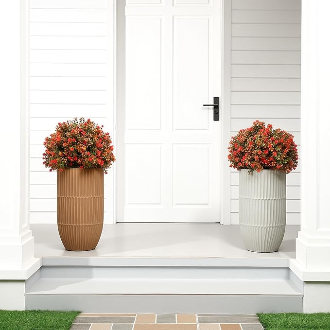 Yunlly Set of 2 Artificial Boxwood Topiary Ball Tree 27" Outdoor Boxwood Balls with Flower Faux Bush UV Resistance Fake Shrub Plant with Spike for Garden Porch Patio Decor(Fall Orange,27x18inch)