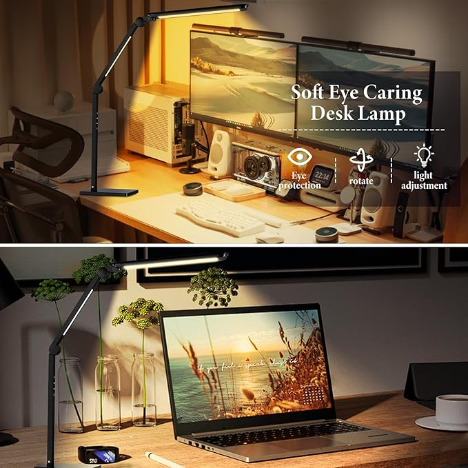 LED Desk Lamp for Home Office,Creative Touch Reading Light, with Memory Dual Light and Adjustable Swing Arm,15W 4 CCT Eye-Care Modes & 4 Brightness Levels Table Lamp with USB Charging Ports-Black