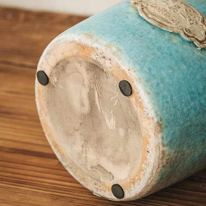 Blue Rustic Ceramic Vase, 5.8 Inch Distressed Wide Mouth Vase with Ice Cracked Glazed, Farmhouse Vintage Flower Vases for Home Office Decor Living Room Bedroom Table Centerpiece Decorations