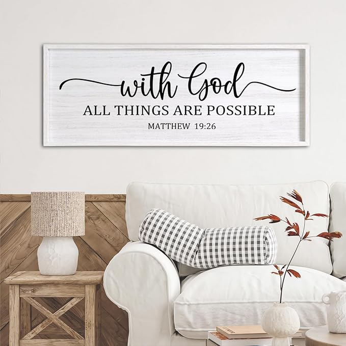 With God All Things are Possible Framed Wall Art, 40''×15'' White Holy Religious Rustic Bible Verse for Christian God Jesus Christ Prayer, Positive Horizontal Inspirational Catholic Scripture Decor