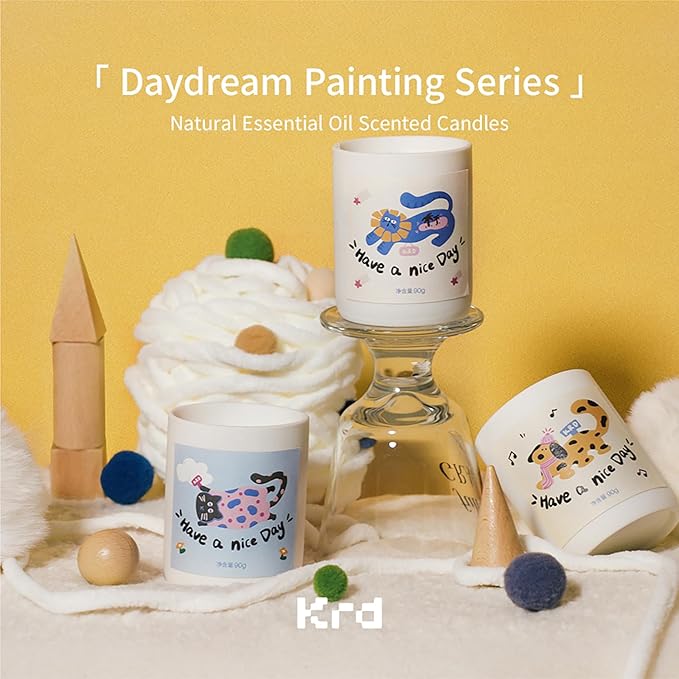 KRD Series Cute Scented Candles & Hanging Freshener Gift Set, 3 Ceramic Jar Candles with Pet Stickers, 1 Ribbon Sachet, 4 Scents for Home & Car