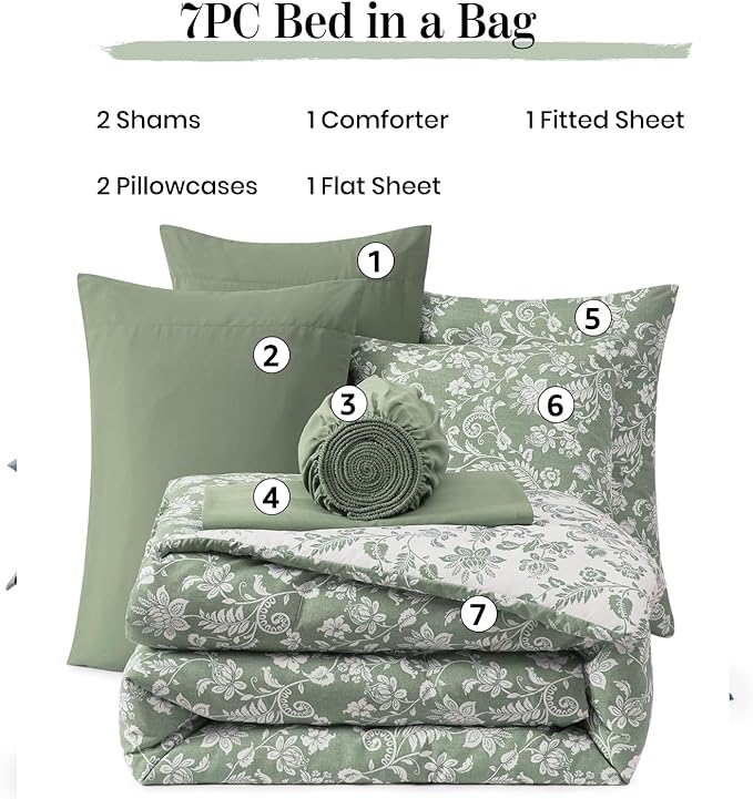 King Comforter Set -7 Pieces Floral Grey Green Comforter Set for All Seasons, Bed in a Bag King with Botanical Flowers Comforter, Sheets, Pillowcases & Shams