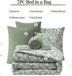 King Comforter Set -7 Pieces Floral Grey Green Comforter Set for All Seasons, Bed in a Bag King with Botanical Flowers Comforter, Sheets, Pillowcases & Shams