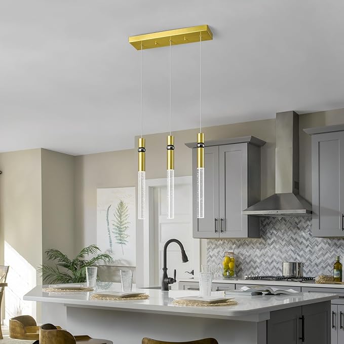 3 Light Pendant Lighting Dining Room Light Fixture Dimmable LED Modern Gold Pendant Light with Bubble Crystal Pendant Lights Kitchen Island