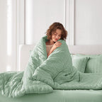 MUXHOMO 5 Pieces Twin Comforter Set, Seersucker Bed in a Bag Twin Size, All Season Luxury Bedding Set with Comforter, Flat Sheet, Fitted Sheet, Pillowcase & Sham, Sage Green