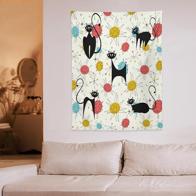 ICMOLYYENLO Abstract Cat Tapestry, Medieval Abstract Atomic Star Cat Vintage Home Wall Hanging Art Tapestry for Bedroom Living Room Dormitory 40x60 Inch