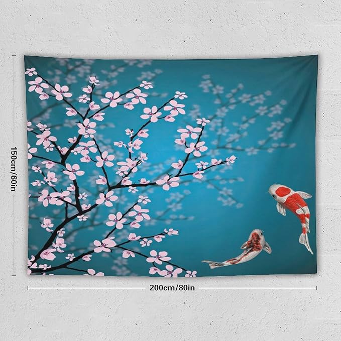 Houselerax Japanese Koi Fish Tapestry, Cherry Blossoms Asian Oriental Green Teal Flower Branch Koi Fish Carp Tapestries Wall Hanging for Bedroom Living Room Office Decor 80"x60"