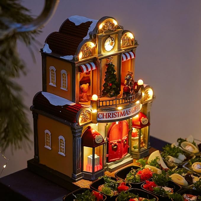 12" Animated Christmas Village House with LED Lights & Music - Spinning Train, Dynamically Moving Santa, Handpainted Resin Shop for Indoor Home Tabletop Decor