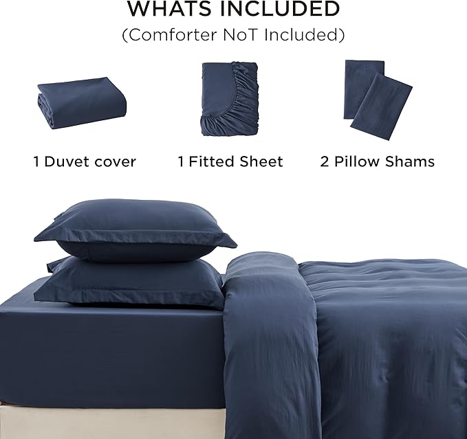Bedsure Duvet Cover Queen Size with Fitted Sheet - 4 Pieces Prewashed Cotton-Like Extra Soft Bedding Set, Includes 1 Duvet Cover 90x90 Inches with Zipper Closure, 2 Pillow Shams, 1 Fitted Sheet, Navy