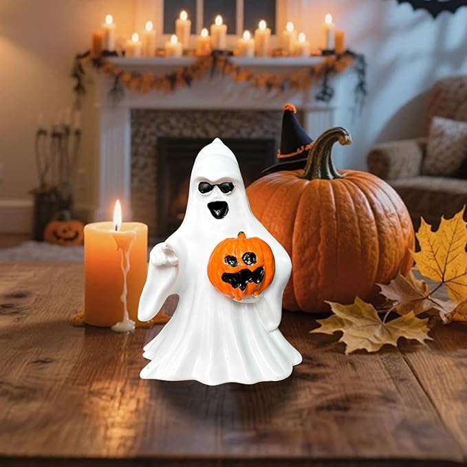 1 Pcs Halloween Ghost Figurine Decor with Pumpkin Cute Resin Ghost Statue, Funny White Sculpture Ghost Decor for Spooky Halloween Home Mantel Tabletop Decorations Indoor