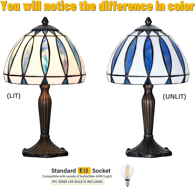 TL0034 Tiffany Style Table Lamp with Stained Glass Shade, Vintage Bronze Base W 8" x OH 14.25", Great for Home Office Small Space, LED Bulb Included (Blue White)