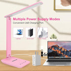 White crown LED Desk Lamp Dimmable Table Lamp Reading Lamp with USB Charging Port, 5 Lighting Modes, Sensitive Control, 30/60 Minutes Timer (Pink, First-Generation)
