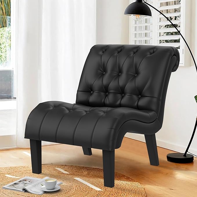 Yongqiang Black Faux Leather Accent Chair Modern Button Tufted Upholstered Armless Chair for Bedroom Living Room with Wood Legs