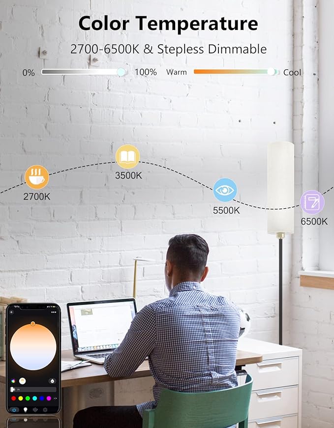 Smart Floor Lamp Works with Alexa & Google Home, Color Changing Stepless Dimmable for Living Room, Modern Standing WiFi Lamps with Remote, Minimalist Pole Lamp Tall Lights for Bedroom, Office-Black