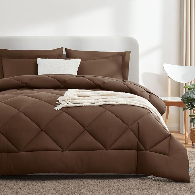 CozyLux King Size Comforter Set Brown - 7 Pieces Bed in a Bag King, Luxury Soft Bed Set for All Seasons, Bedding Set with Down Alternative Comforter, Sheets, Pillowcases & Shams