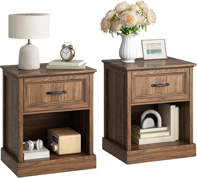 CARPETNAL 20" Farmhouse Nightstand Set of 2, End Table with Large Drawers & Open Storage, Side Table, Bedside Table for Bedroom, Living Room, Walnut