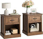 CARPETNAL 20" Farmhouse Nightstand Set of 2, End Table with Large Drawers & Open Storage, Side Table, Bedside Table for Bedroom, Living Room, Walnut