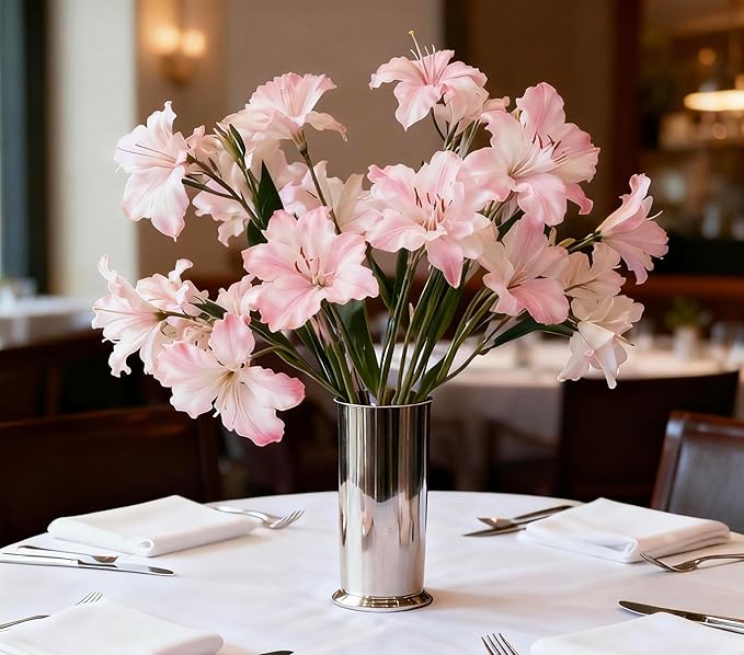 10-Bud Artificial Lily Flowers, 4 Pcs Fake Outdoor Flowers, UV Resistant Faux Flowers for Outdoor Planters, Silk Flowers for Wedding Decoration (Pink)