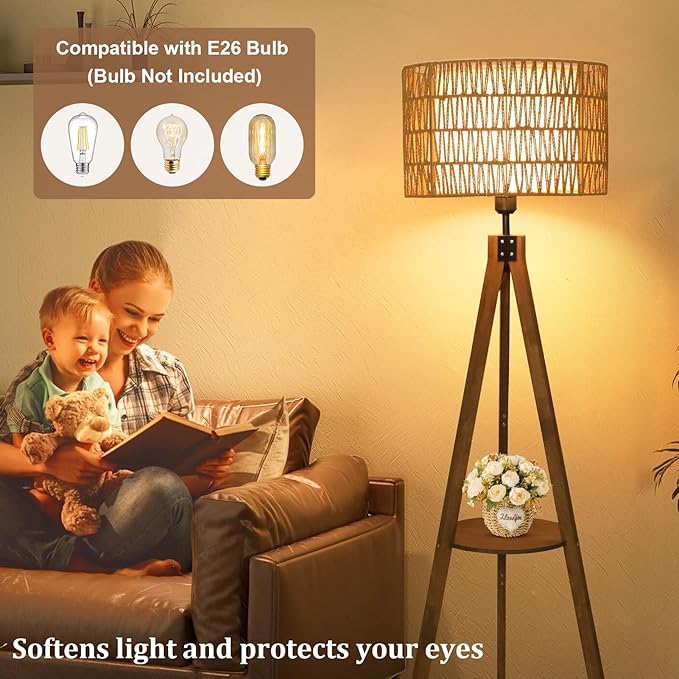 Boho Tripod Floor Lamps for Living Room, Rattan Wood Floor Lamp with Fabric Shades, Mid Century Standing Lamp with Shelf, Foot Switch, Modern Farmhouse Tall Lamps for Bedroom Office Brown