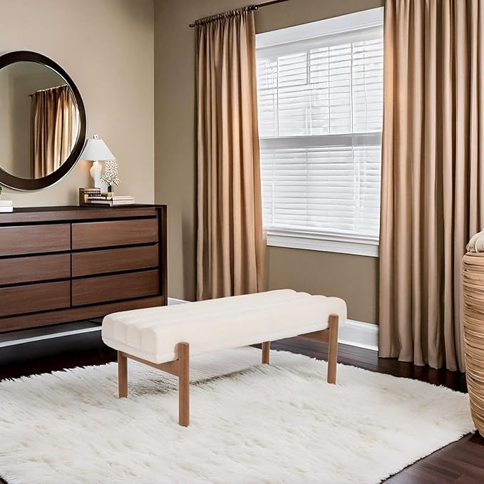 White Modern Bench Upholstered End of Bed Bench Chenille Fabric Bedroom Bench for Entryway Living Room Vanity Makeup Room, 47" Long, Wooden Legs