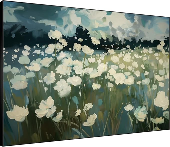 SIGNWIN 60"x72" Extra Large Framed Wall Art White Wildflower Field in Impressionist Style, Soft Floral Landscape for Home Living Room Bedroom Decor (Frame Assembly Required)