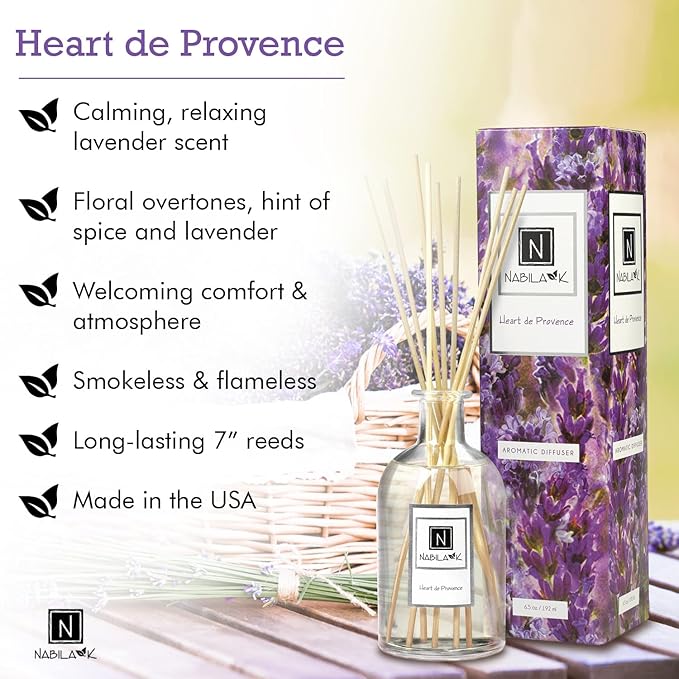 Nabila K Heart de Provence Reed Diffuser Set – French Lavender Aromatic Oil for Home – Long-Lasting, Smokeless Scent – Made in USA – Includes Reeds + Bottle – Flameless Candle Alternative