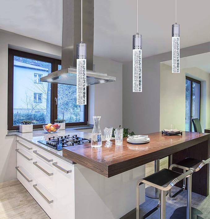 Modern Kitchen Island Hanging Light Fixtures Crytstal Pendant Lighting for Kitchen Island Chrome Mini Chandelier with 6000K Daylight Bulb