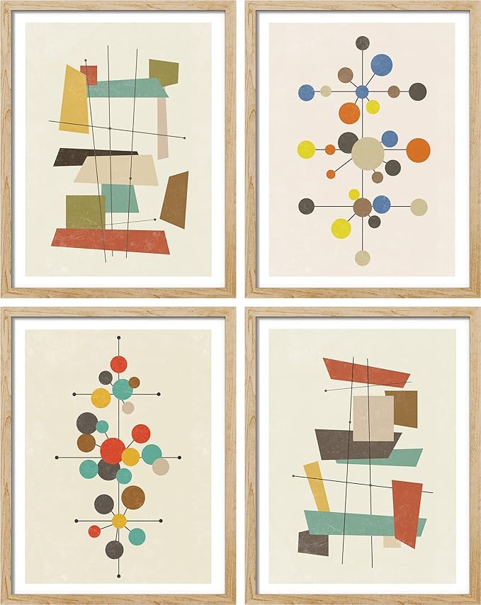 SIGNWIN Framed Mid-Century Modern 1960s Vintage Nordic Polygons Wall Art, Set of 4 Abstract Geometric Wall Decor Prints, Nature Wilderness Wall Décor for Living Room, Bedroom - 12"x16" Natural
