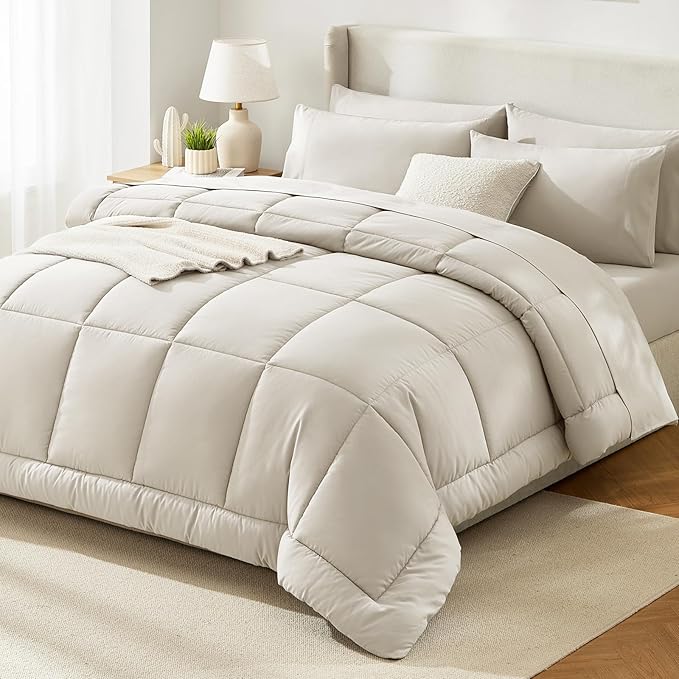 CozyLux Oversized King Comforter Sets Beige, 7 Pieces Bed in a Bag, Ultra-Soft All Season Bedding Sets with Stitch Quilted Comforter, Flat Sheet, Fitted Sheet, Pillowcases, Beige