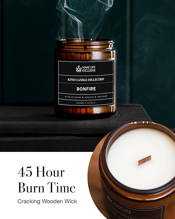 Scented Candles for Men | Bonfire, Mahogany & Teakwood Scented | Wooden Wick, Long Lasting, Masculine Scents | Natural Soy Jar Candle for Home, Bachelor Pad Decor | The Perfect Mens Gift.