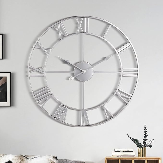 1st owned Large Wall Clock, Metal Retro Roman Numeral Clock, Modern Round Wall Clocks Almost Silent, Easy to Read for Living Room/Home/Kitchen/Bedroom/Office/School Decor (Silver, 18.5 Inch)