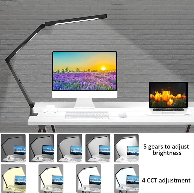LED Desk Lamp with Clamp, Architect Desk Lamp for Home Office with Remote Control, Swing Arm Clamp on Computer Light, Clip-on Eye-Care Adjustable 5 Brightness Levels Table Light for Working Drafting