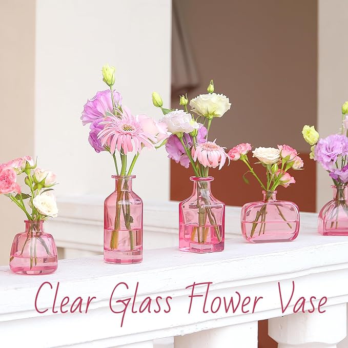 Pink Bud Vase Set of 24 - Small Glass Vase for Flowers, Bulk Mini Vases for Rustic Wedding Decor, Glass Vases for Centerpieces, Floral Arrangements, Clear Bud Vase