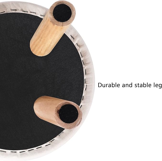 Asense Small Round Ottoman Foot Rest Stool Linen Padded Seat Footstool Ottoman with Anti-Slip Wooden Legs (White+Black,Linen)