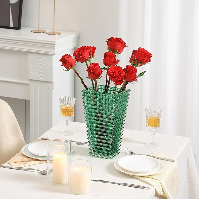 MCMCNCUIU Crystal Glass Vase, Large Crystal Vases for Flowers, Large Flower Vase, Green Modern Vases for Living Room, Bedroom, Kitchen, Dining Table, Mantle, Wedding, 11 Inches