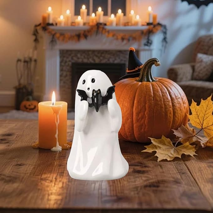 Halloween Ghost Figurine with Holding Bat, Funny Resin Ghost Statue Halloween Decor for Bookshelf, Terrace, Bedroom,Porch and Tabletop