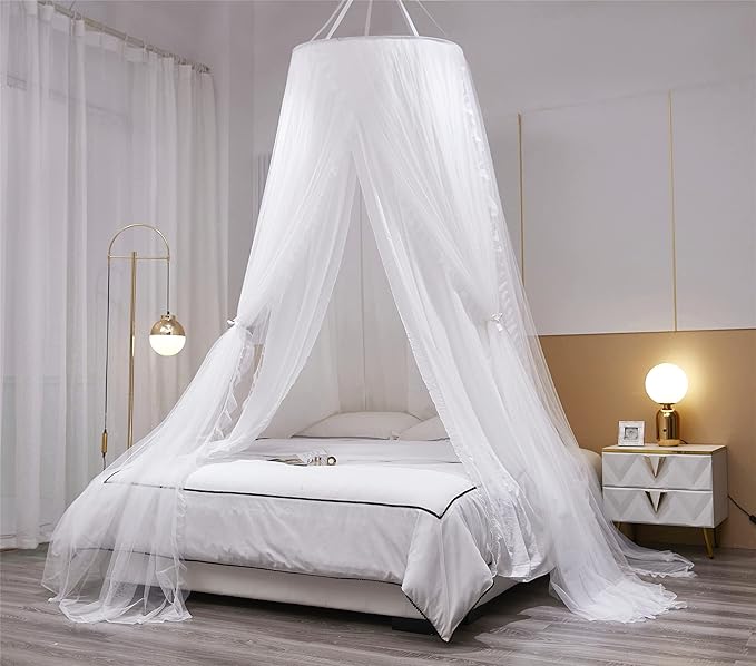 VETHIN Double Layer Princess Round Dome Canopy Bed Curtain for Girls Adults,Children Dreamy Mosquito Net,Cute Bedroom Decoration Castle Play Tent Reading Nook Canopies (Dome-White/White)